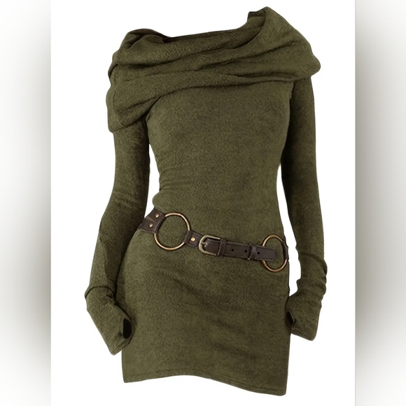 Hooded Sweater Tops Cowl Neck Knit Sweater Full Sleeve Belted Knitted